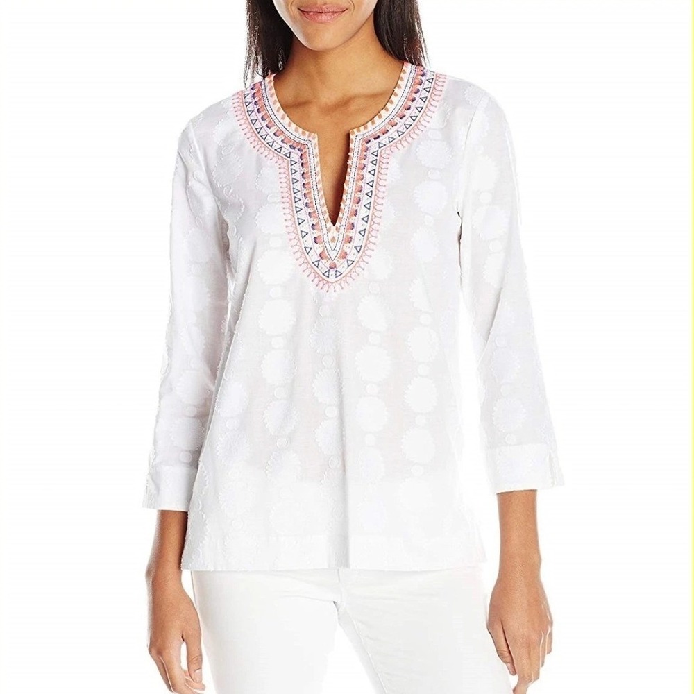 Lilly Pulitzer White Cotton Embroidered Tunic Top Size M Pink Orange Blue V-Neck